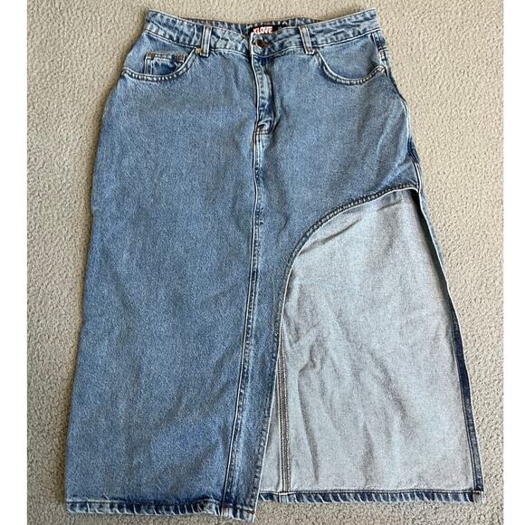 xlove Dresses & Skirts - XLove Jean Skirt Medium Asymmetric High Low Slit Midi Mini Denim Grunge 90s Y2K